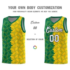 Kelly Green Gold Puzzle Pattern Splid Basketball Kits 3