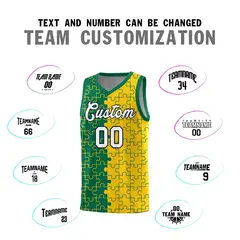 Kelly Green Gold Puzzle Pattern Splid Basketball Kits 4