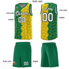 Kelly Green Gold Puzzle Pattern Splid Basketball Kits 5