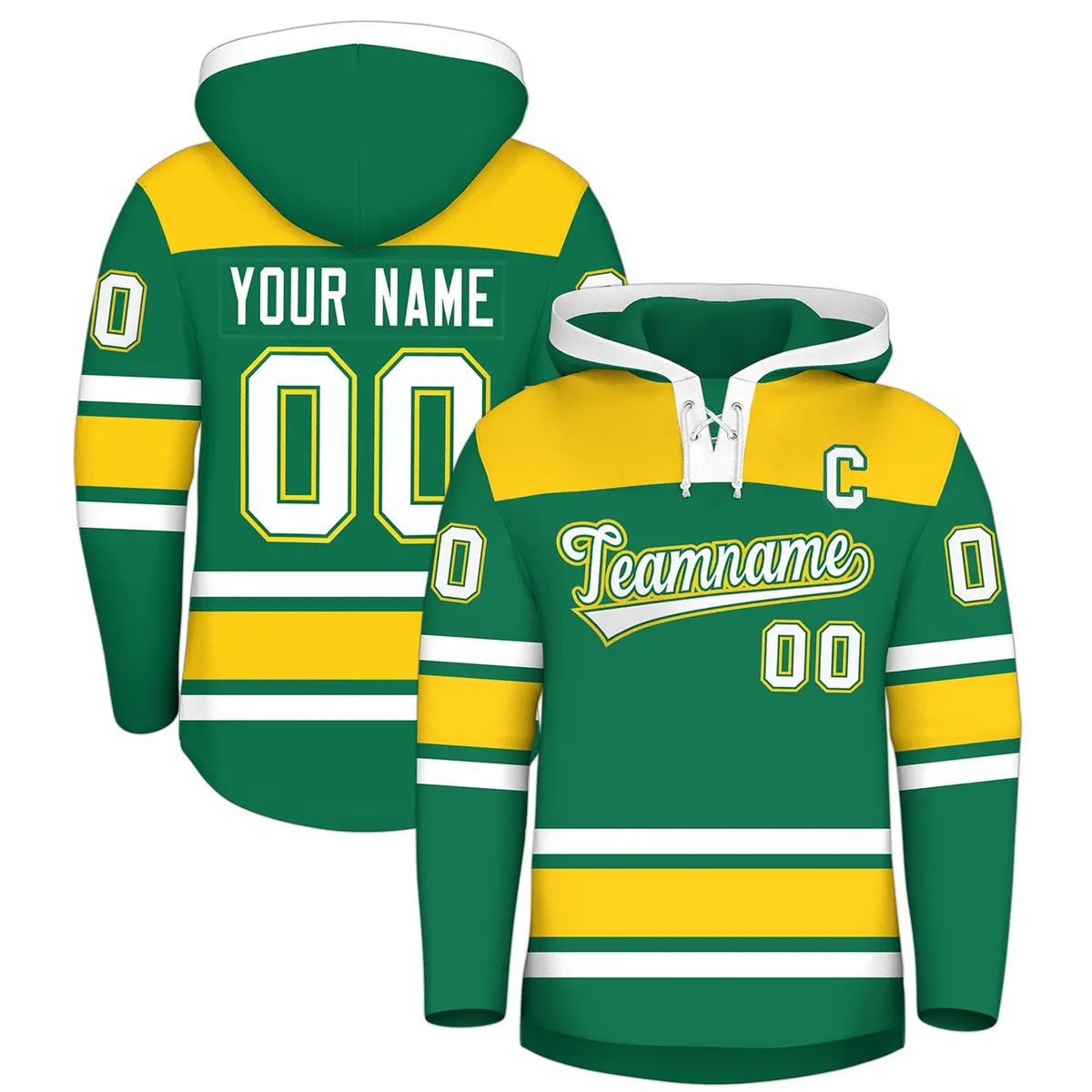 Kelly Green Gold Raglan Lace-Up Neck Hockey Hoodie Jersey