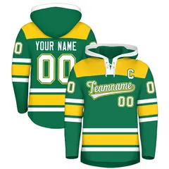 Kelly Green Gold Raglan Lace-Up Neck Hockey Hoodie Jersey