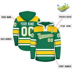Kelly Green Gold Raglan Lace-Up Neck Hockey Hoodie Jersey 2