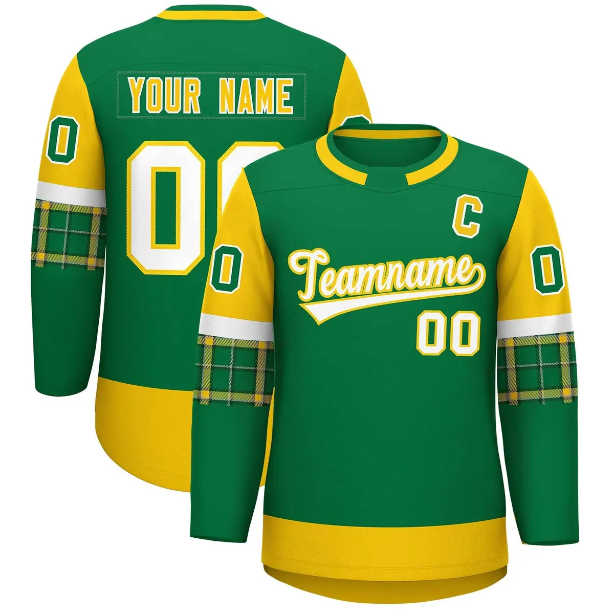 Kelly Green Gold Raglan Sleeves Round-Neck Hockey Jersey
