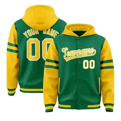 Kelly Green Gold Raglan Three Stripes Varsity Letterman Jacket Hoodie