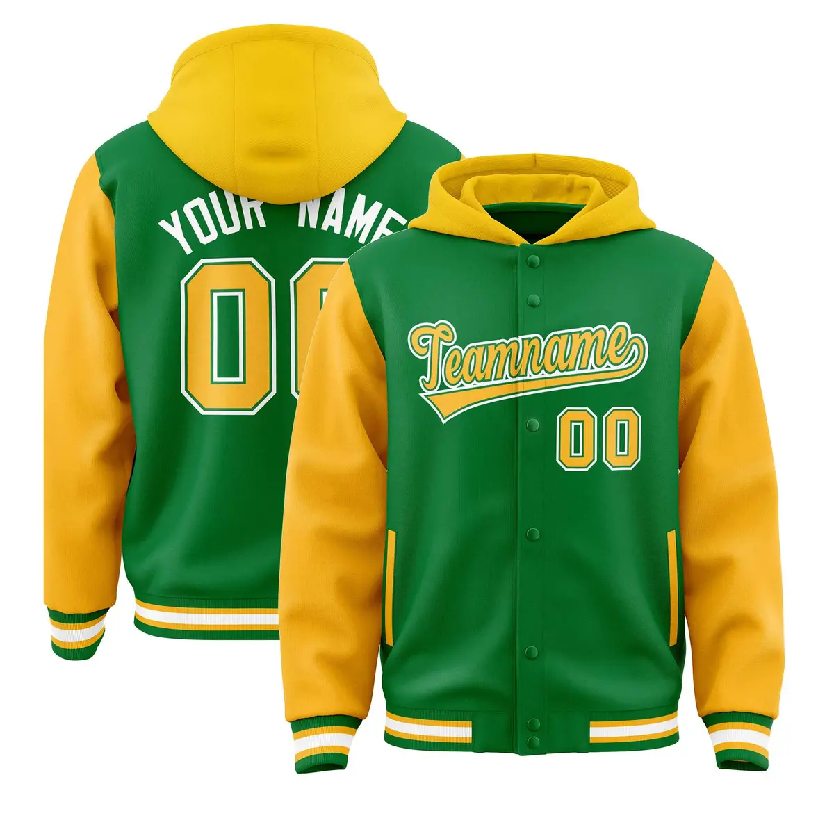 Kelly Green Gold Raglan Varsity Full-Snap Letterman Jacket Hoodie