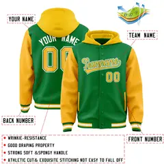 Kelly Green Gold Raglan Varsity Full-Snap Letterman Jacket Hoodie 4