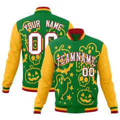 Kelly Green Gold Red Halloween Bats Pumpkins Ghost Letterman Jacket 1