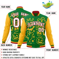 Kelly Green Gold Red Halloween Bats Pumpkins Ghost Letterman Jacket 2
