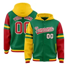 Kelly Green Gold-Red Raglan Three Stripes Varsity Letterman Hoodie 1