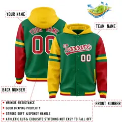Kelly Green Gold-Red Raglan Three Stripes Varsity Letterman Hoodie 4