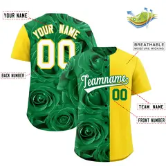 Kelly Green Gold Rose Print Split Baseball Jersey 2