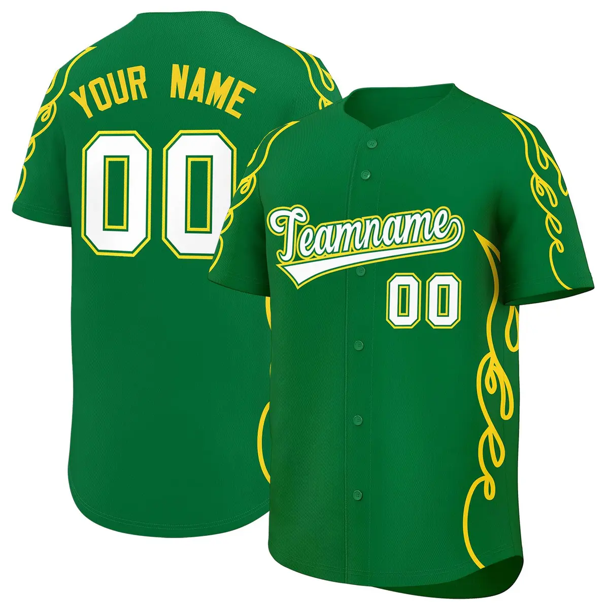 Kelly Green Gold Side Flame Outline Baseball Jersey