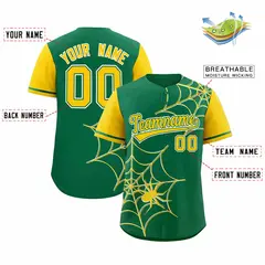 Kelly Green Gold Spider Web Raglan Sleeves Baseball Jersey 2