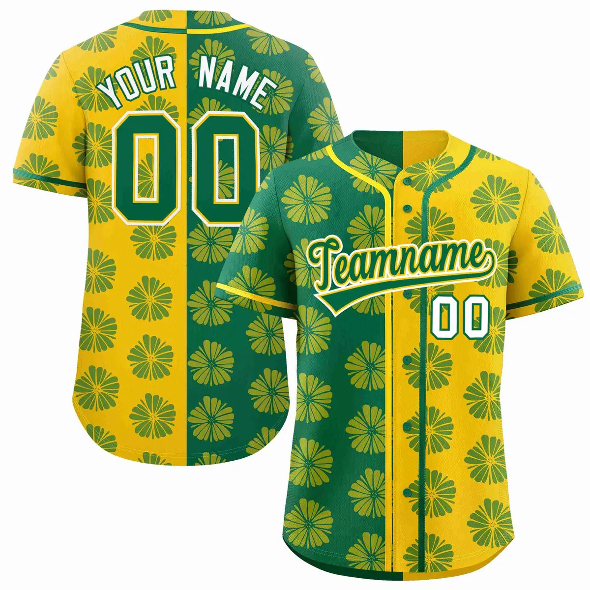 Kelly Green Gold Split Flower Graffiti Baseball Jersey