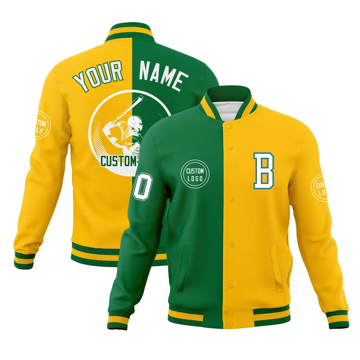 Kelly Green Gold Split Letterman Varsity Full-Snap Baseball Jacket