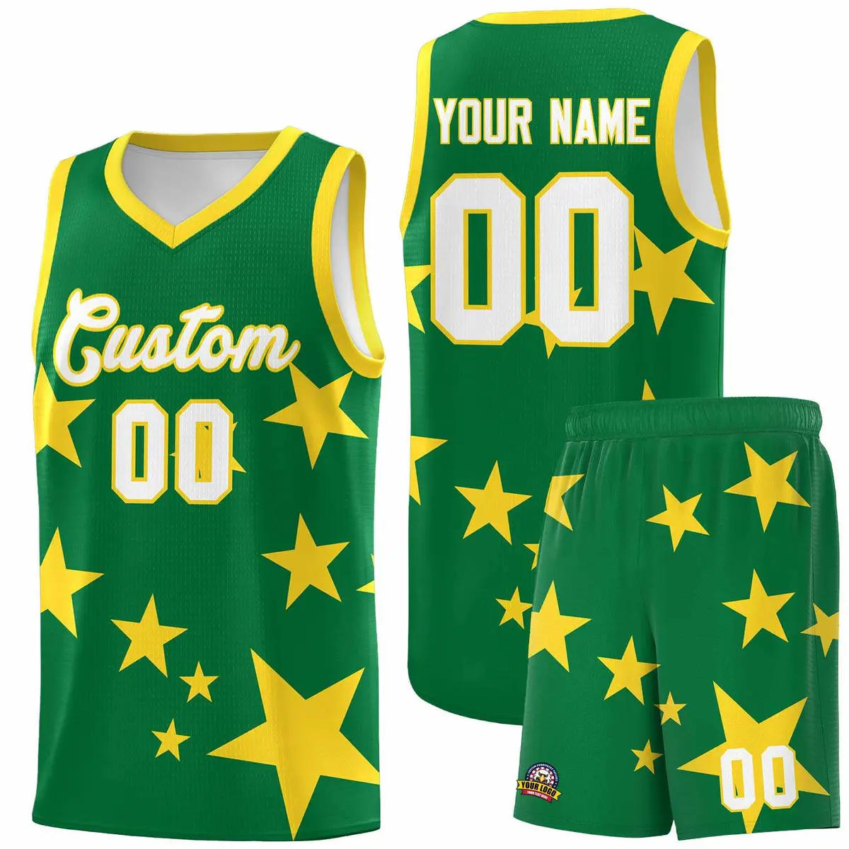 Kelly Green Gold Star Graffiti Basketball Jersey Sets