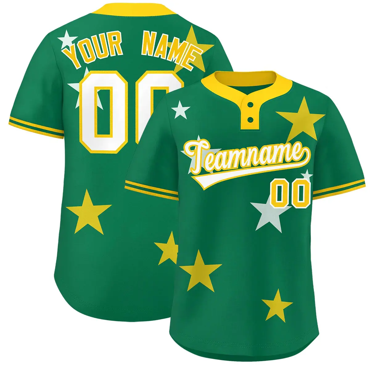 Kelly Green Gold Star Graffiti Two-Button Baseball Jersey