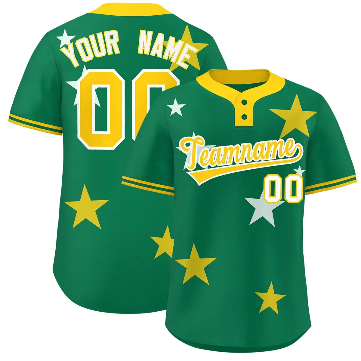 Kelly Green Gold Star Graffiti Two-Button Baseball Jersey