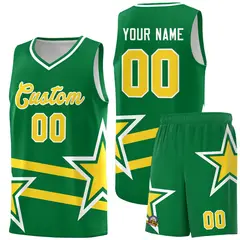 Kelly Green Gold Star Pattern Double Lines Basketball Kits 1