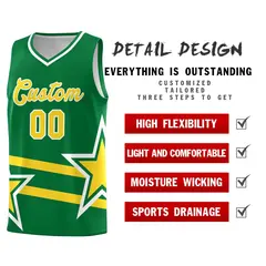 Kelly Green Gold Star Pattern Double Lines Basketball Kits 2