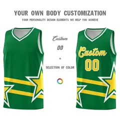 Kelly Green Gold Star Pattern Double Lines Basketball Kits 3