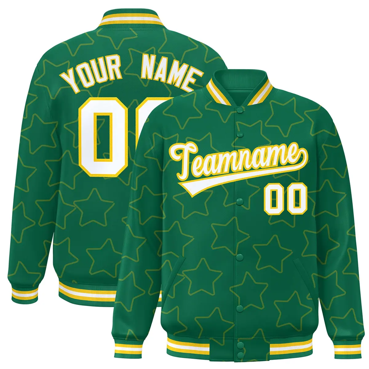 Kelly Green Gold Star Pattern Varsity Letterman Baseball Jacket