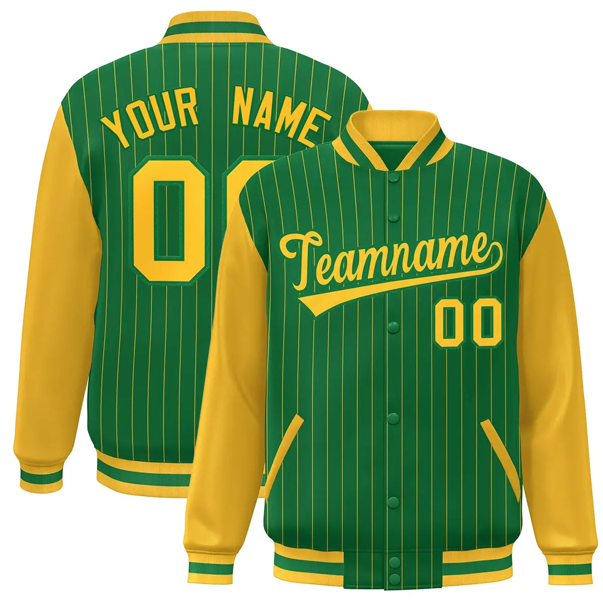 Kelly Green Gold Stripe Raglan Varsity Bomber Jacket