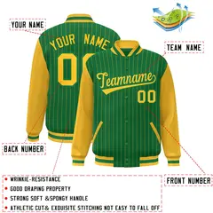 Kelly Green Gold Stripe Raglan Varsity Bomber Jacket 2