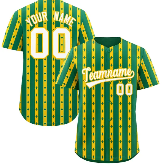 Kelly Green Gold Thick Striped Star Pattern Baseball Jersey