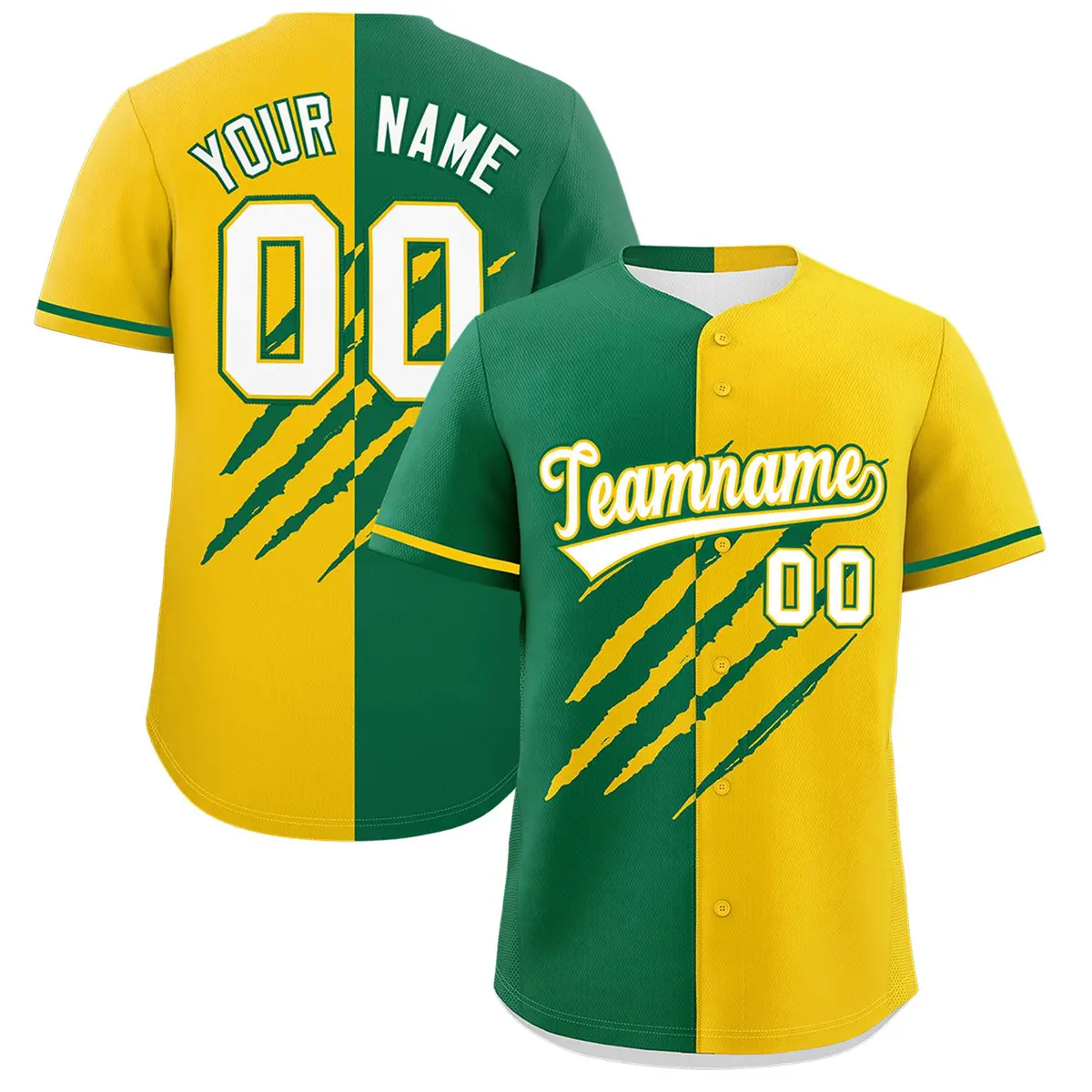 Kelly Green Gold Tiger Claw Scratch Split Baseball Jersey