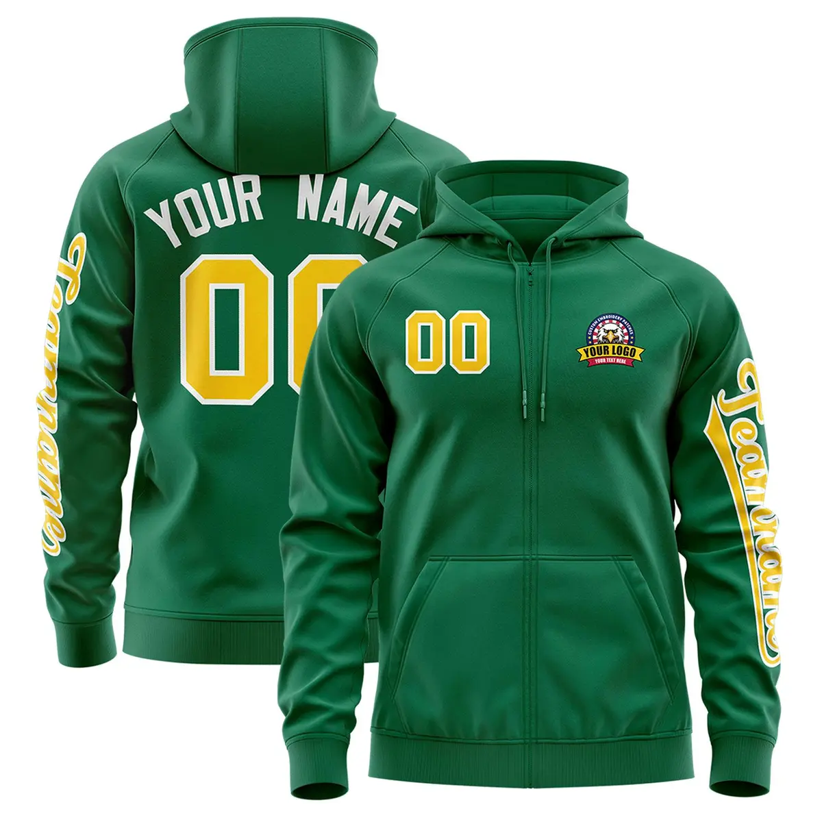 Kelly Green Gold Varsity Full-Zip Letterman Jacket Hoodie