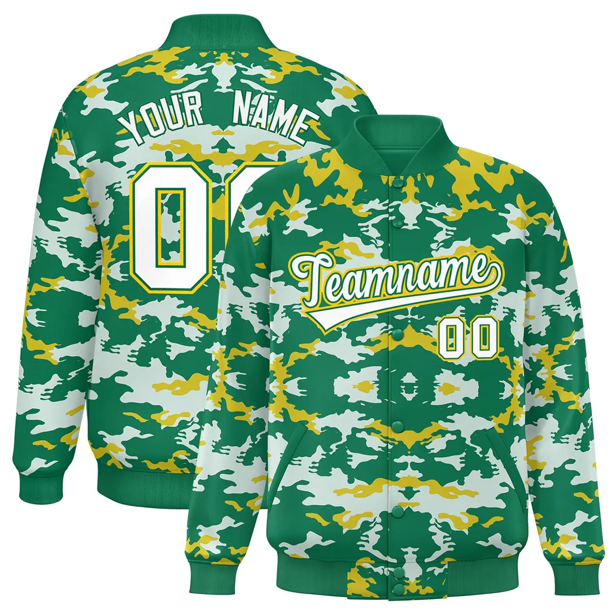 Kelly Green Gold-White Camo Varsity Letterman Jacket