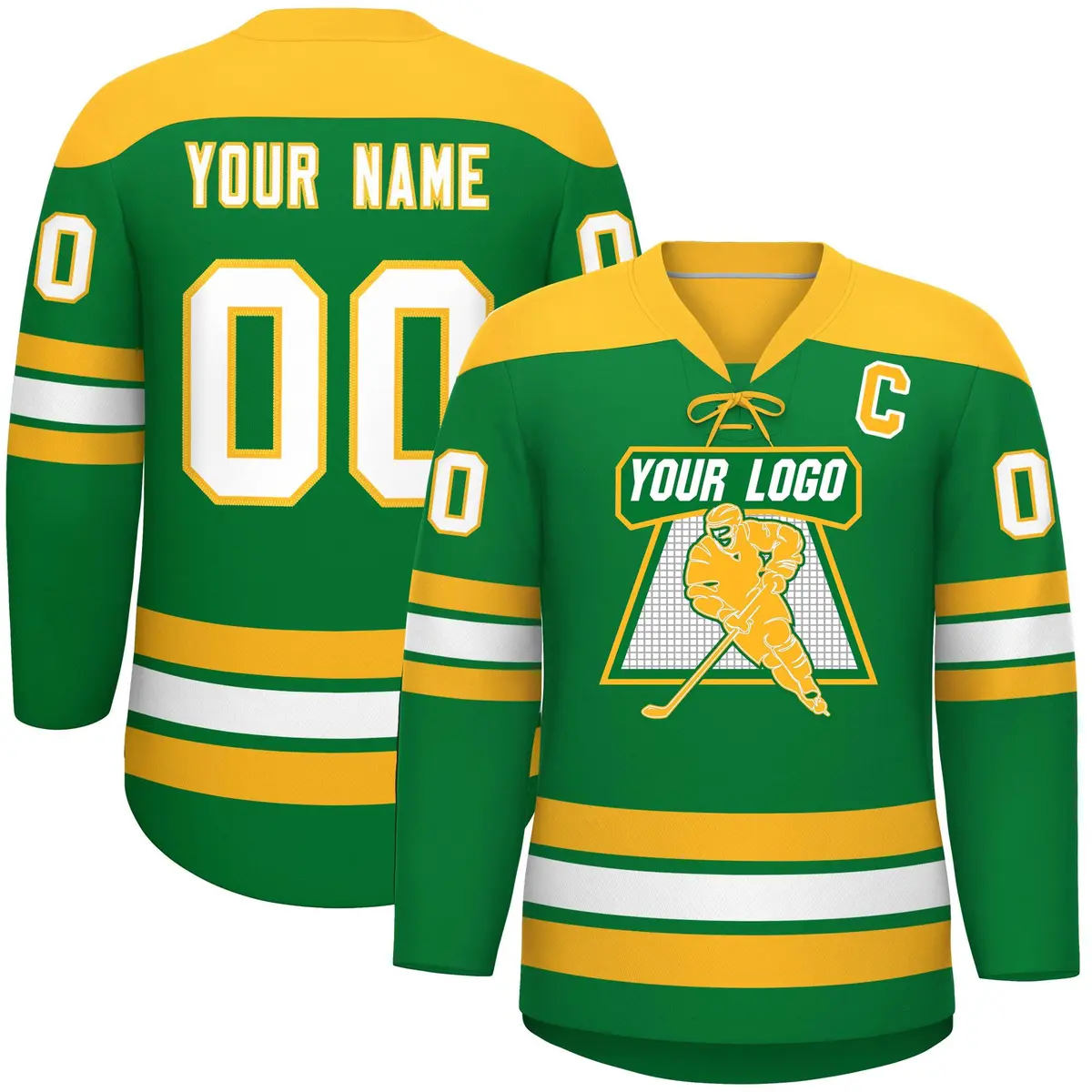 Kelly Green Gold White Classic Lace-Up Neck Hockey Jersey