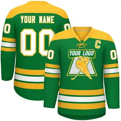 Kelly Green Gold White Classic Lace-Up Neck Hockey Jersey
