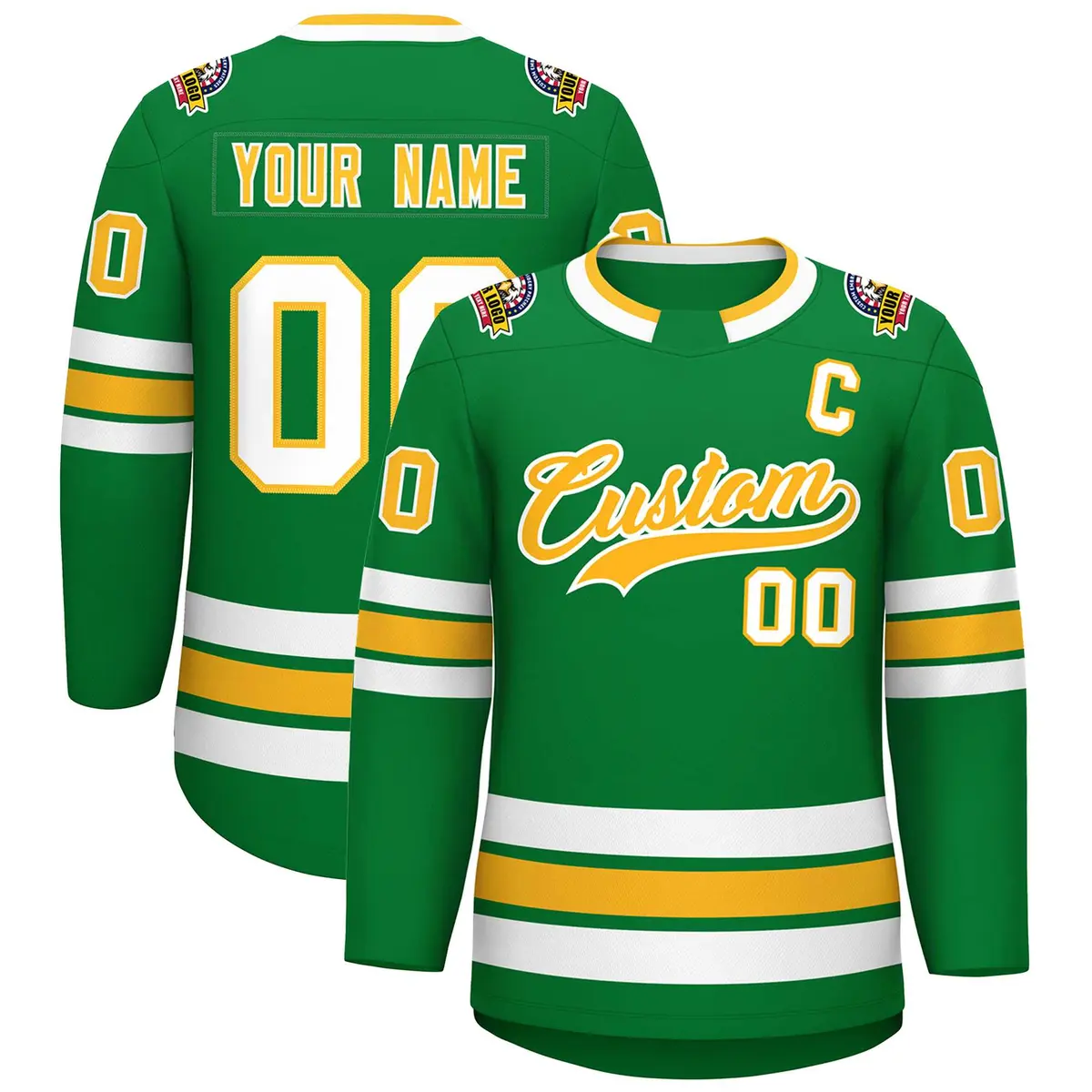 Kelly Green Gold-White Classic Style Hockey Jersey