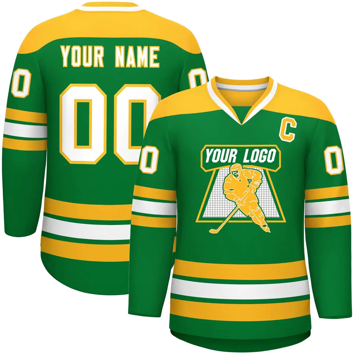 Kelly Green Gold-White Classic V-Neck Hockey Jersey