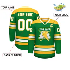 Kelly Green Gold-White Classic V-Neck Hockey Jersey 2