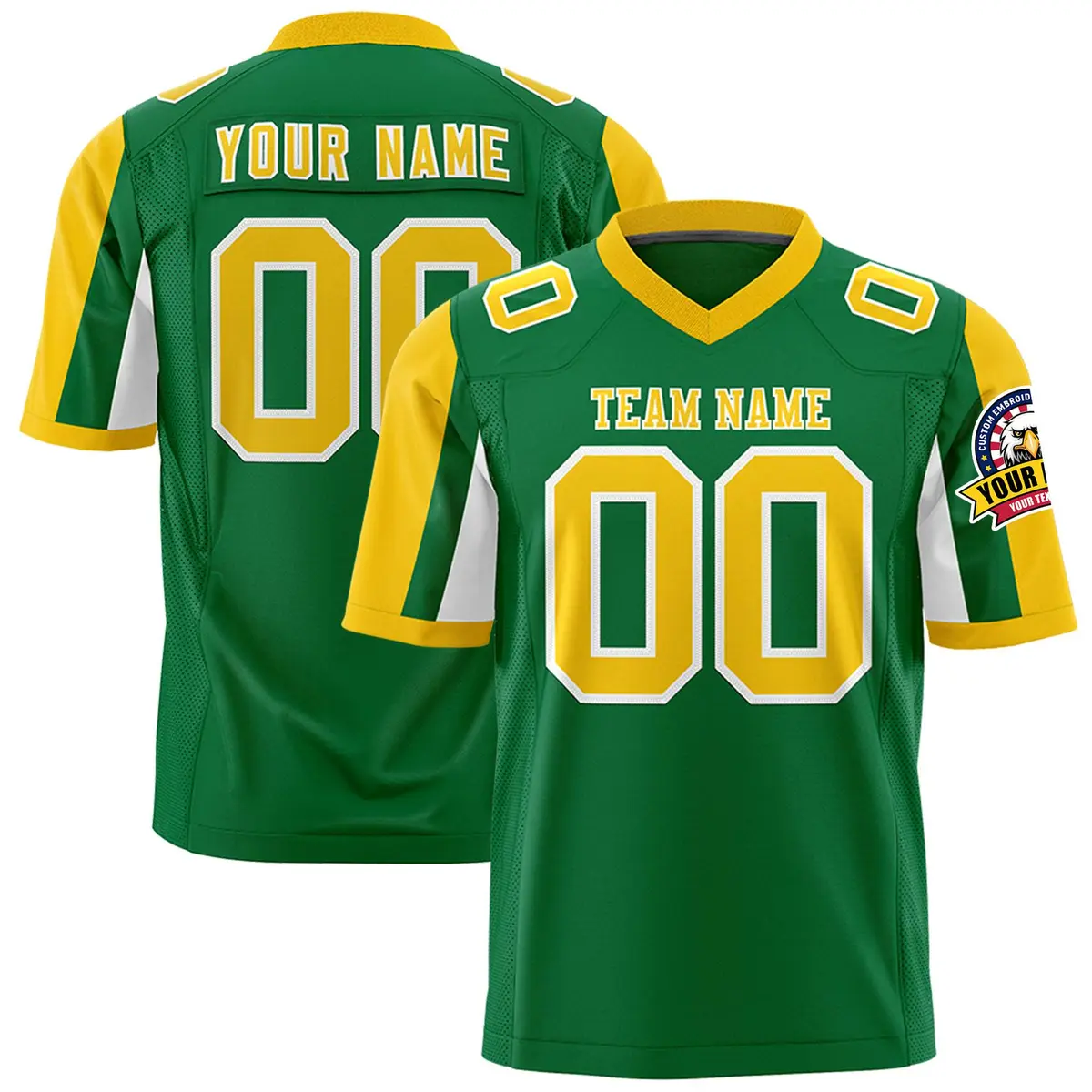 Kelly Green Gold-White Color Block Raglan Sleeves Football Jersey