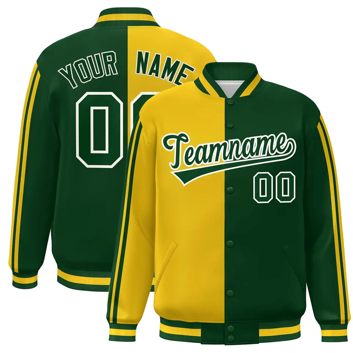 Kelly Green Gold-White Color Block Varsity Baseball Bomber Jacket
