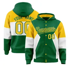 Kelly Green Gold-White Color Block Varsity Full-Snap Letterman Jacket Hoodie