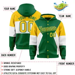 Kelly Green Gold-White Color Block Varsity Full-Snap Letterman Jacket Hoodie 4
