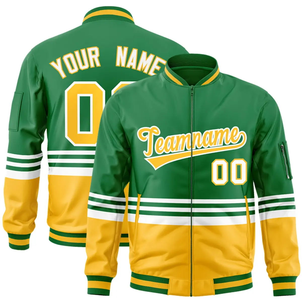 Kelly Green Gold-White Color Block Varsity Letterman Bomber Jacket