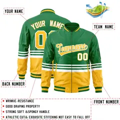 Kelly Green Gold-White Color Block Varsity Letterman Bomber Jacket 2