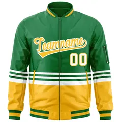 Kelly Green Gold-White Color Block Varsity Letterman Bomber Jacket 3