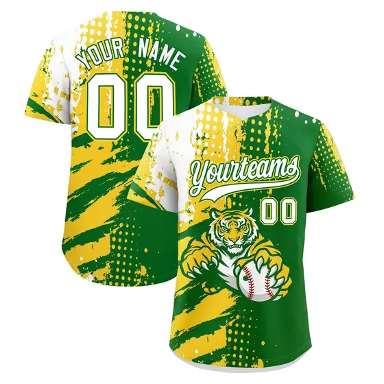 Kelly Green Gold White Full-Snap Tiger Graffiti Baseball Jersey