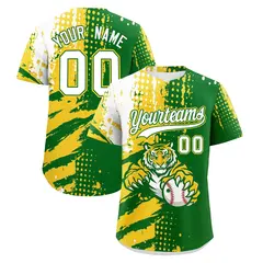 Kelly Green Gold White Full-Snap Tiger Graffiti Baseball Jersey 1
