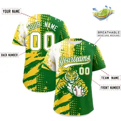 Kelly Green Gold White Full-Snap Tiger Graffiti Baseball Jersey 2