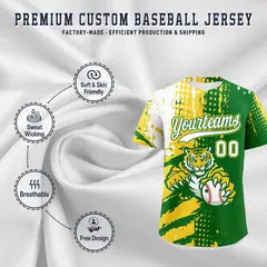 Kelly Green Gold White Full-Snap Tiger Graffiti Baseball Jersey 3