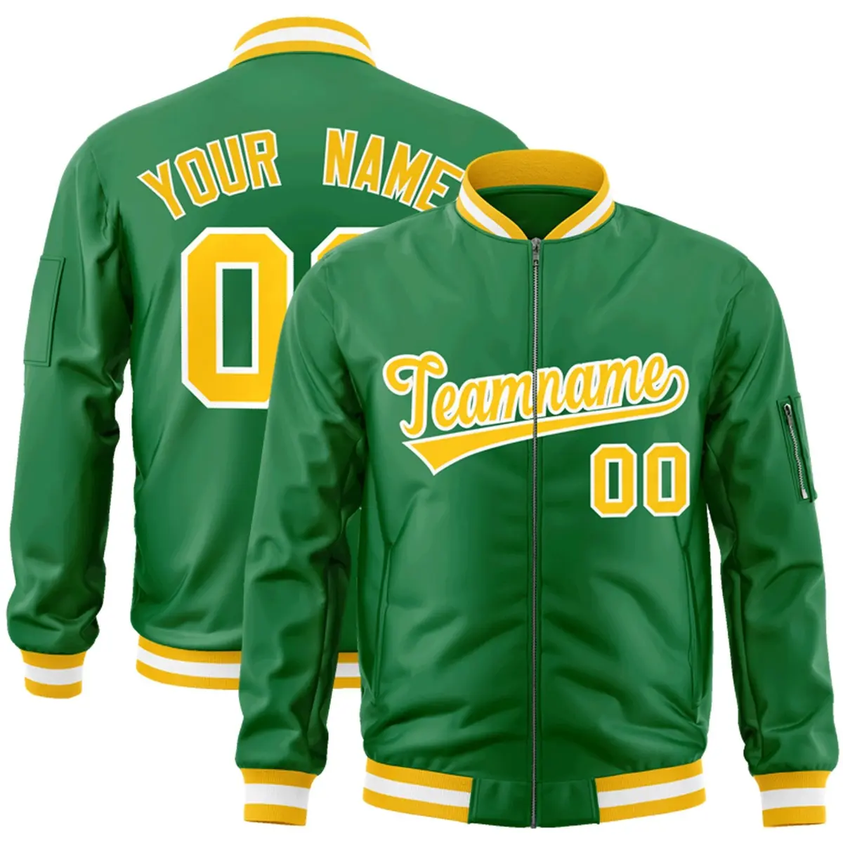 Kelly Green Gold-White Full-Zip Letterman Varsity Bomber Jacket