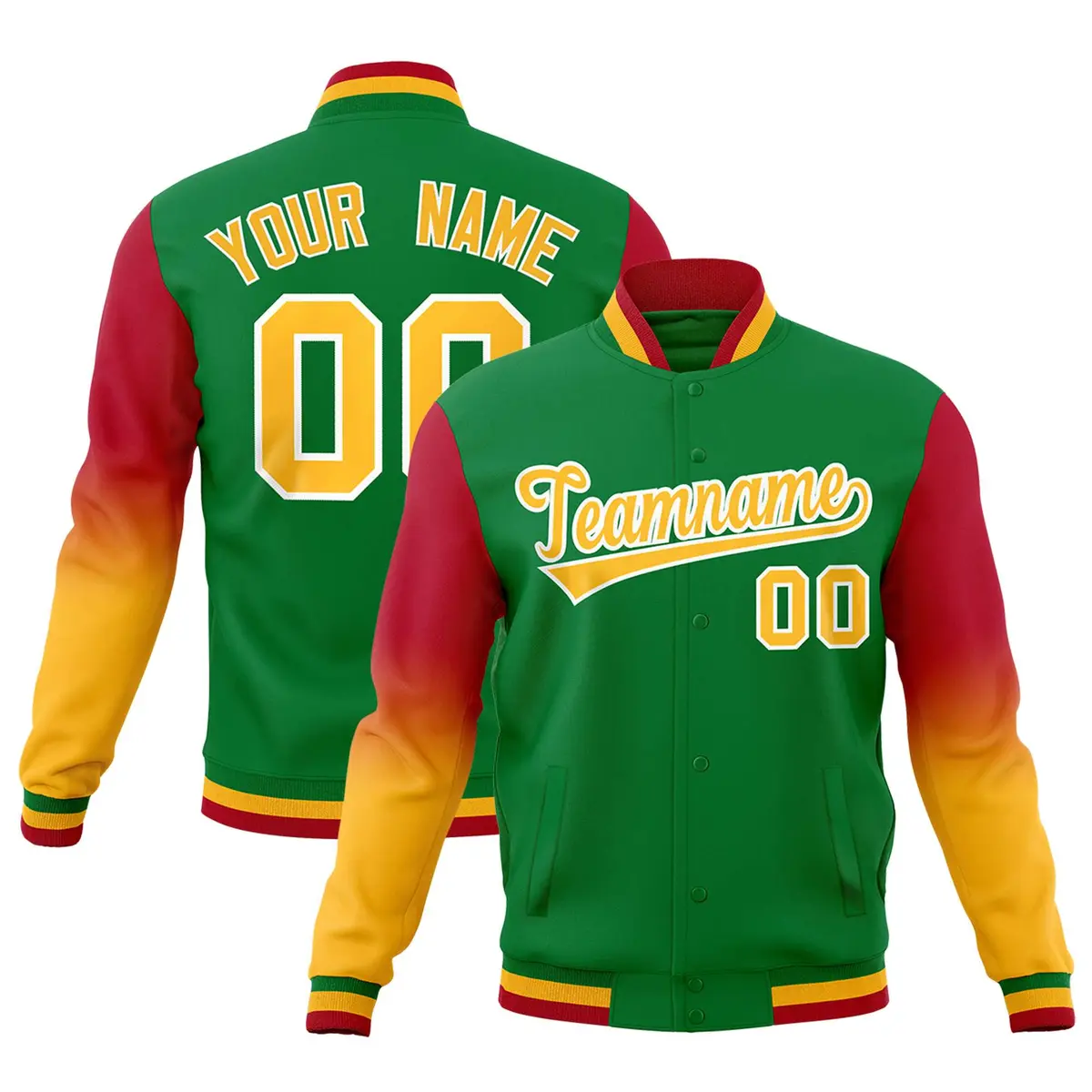 Kelly Green Gold White Gradient Raglan Varsity Letterman Jacket